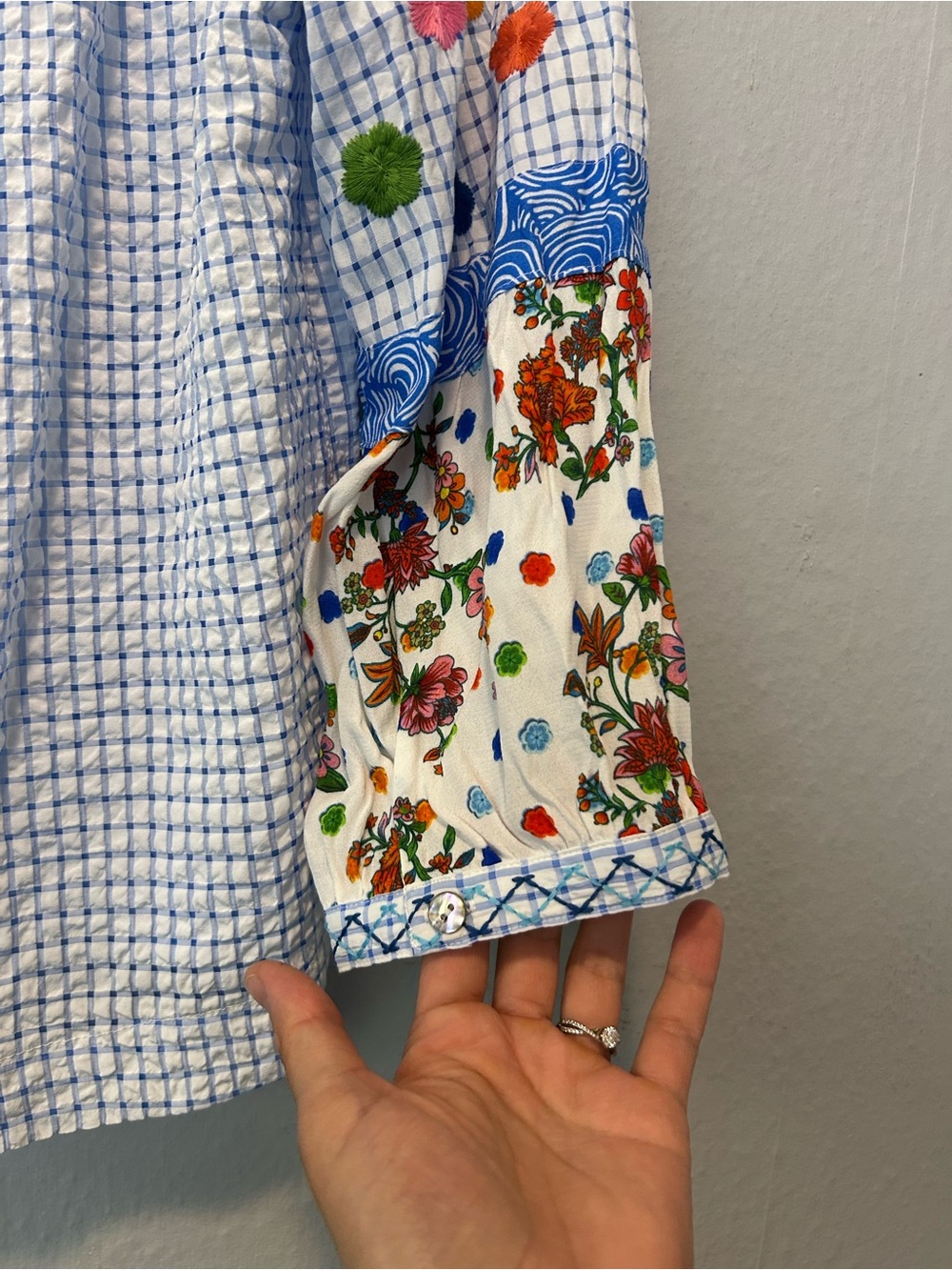John Mark Blue Checked Peasant Blouse with Multicolor Embroidered Sleeves - Picture 6 of 7